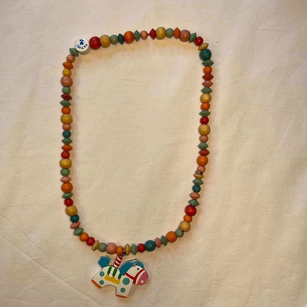 Tatiri wooden beaded necklace with‎ horse pendant,  necklace approx 18” + horse